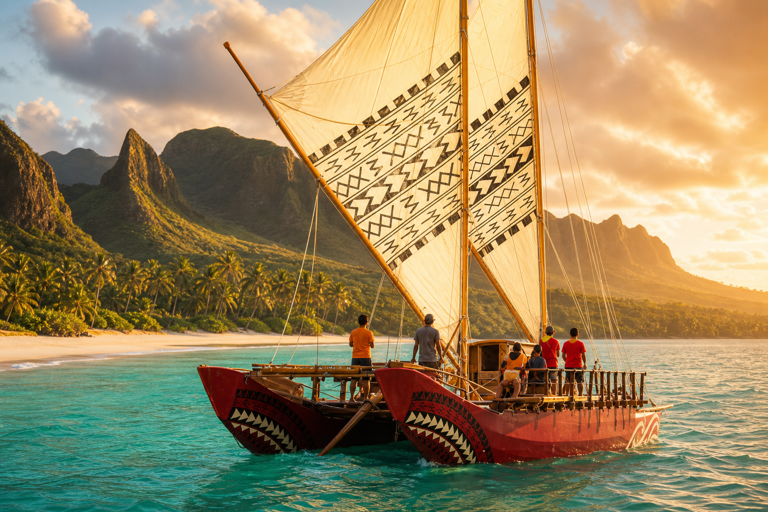 Traditional outrigger waka on a turquoise Rarotongan lagoon at golden hour